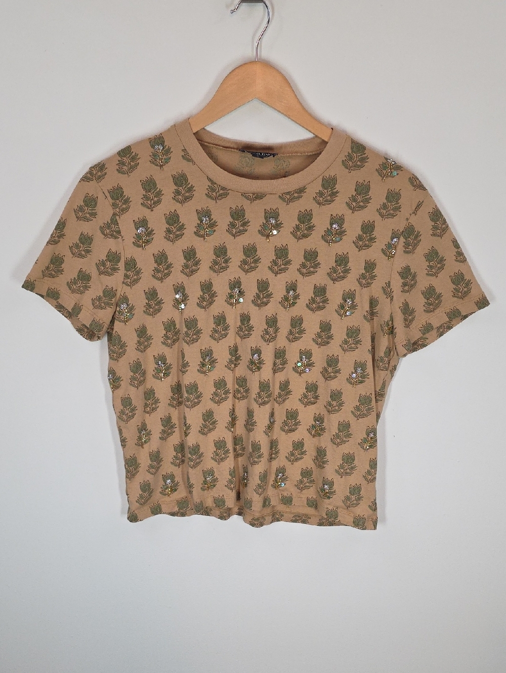 J. Crew Tan Short Sleeve Tee with Metallic Floral Print - Picture 2 of 5